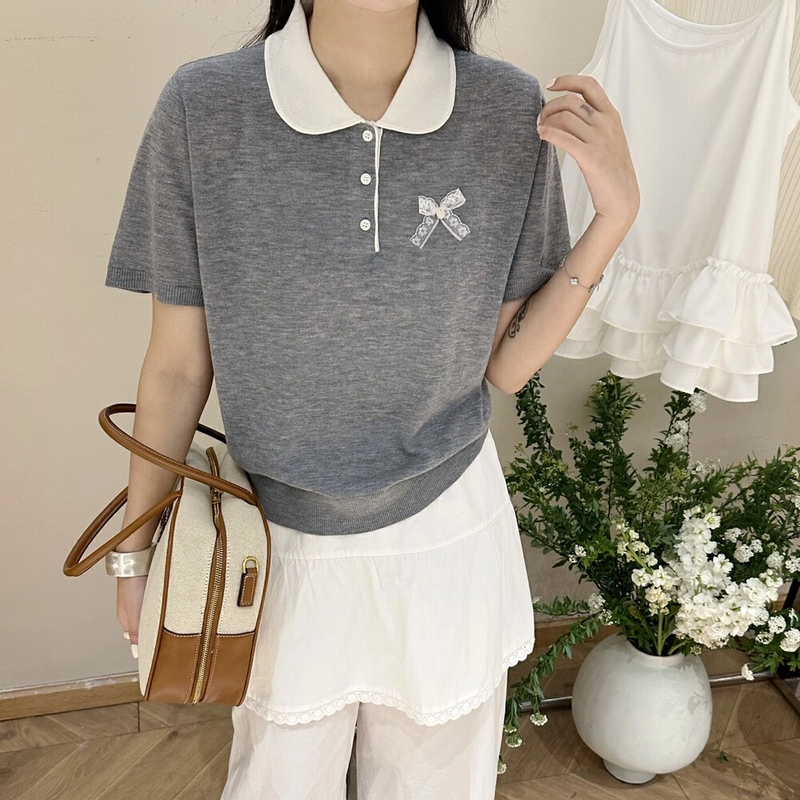 娃娃领正肩短袖t恤女夏今年流行漂亮小个子洋气修身显瘦短款上衣