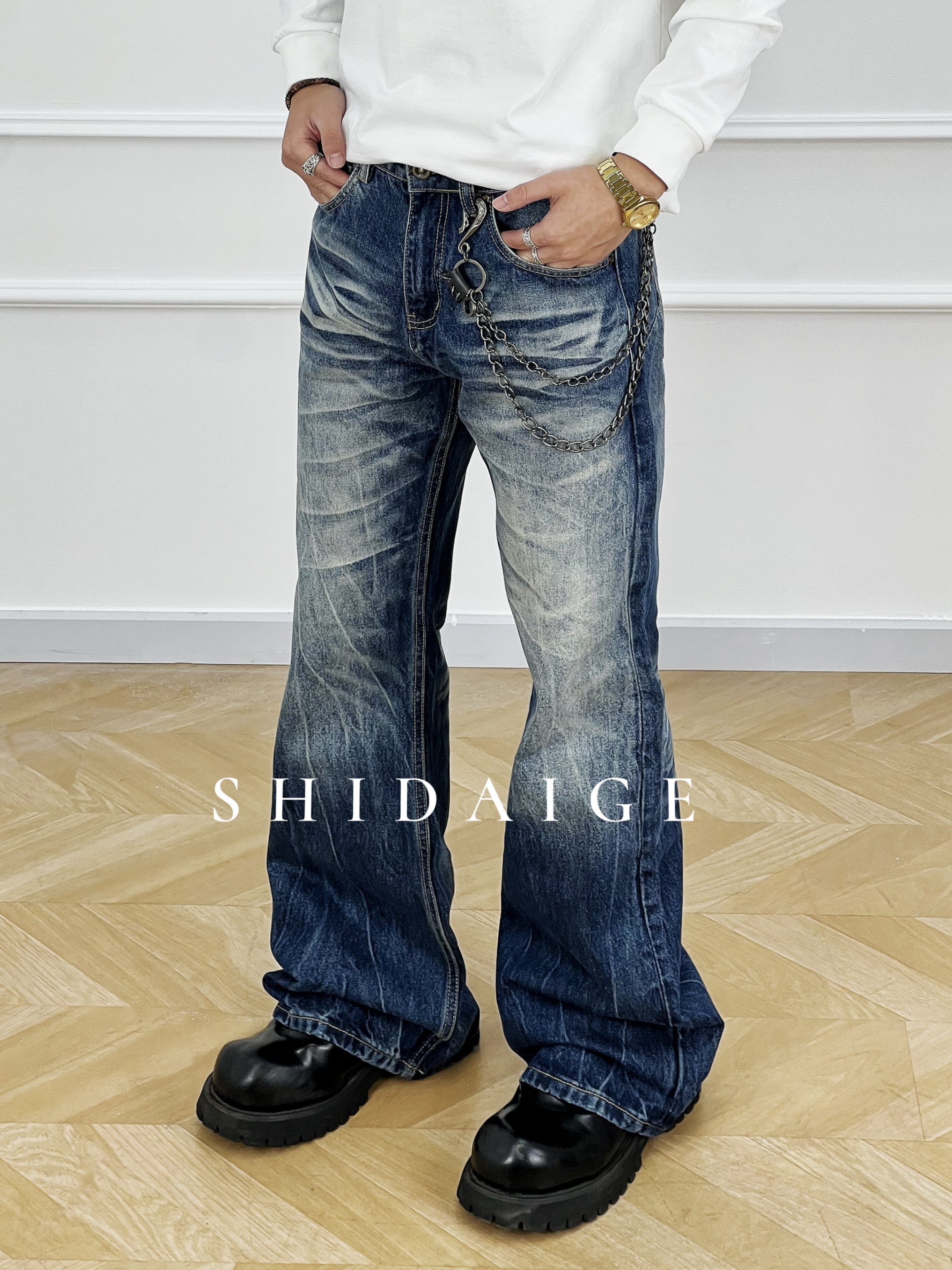 SDG-刀锋517爆裂【三色】微喇水洗猫须纹牛仔裤男士长裤修身牛仔裤