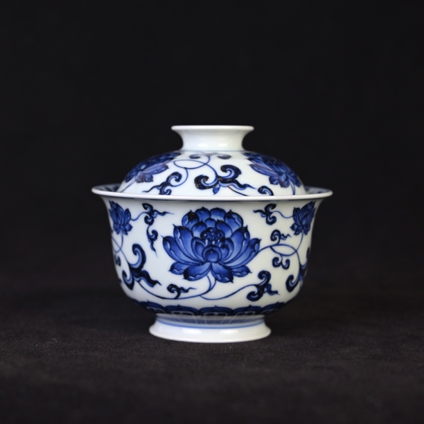 雯华堂 仿明青花缠枝荷花缠枝莲盖碗 盖下容量约120ml