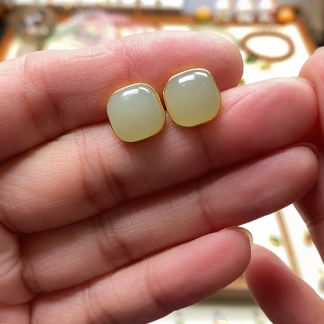 和田玉耳饰银S925镶嵌?***?