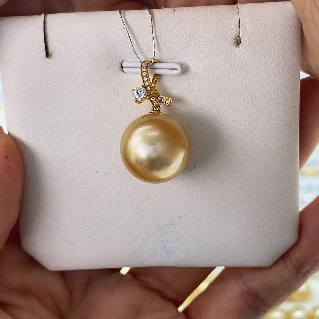海水珍珠吊坠(不含链)18K金镶嵌南洋金珠14-15m m