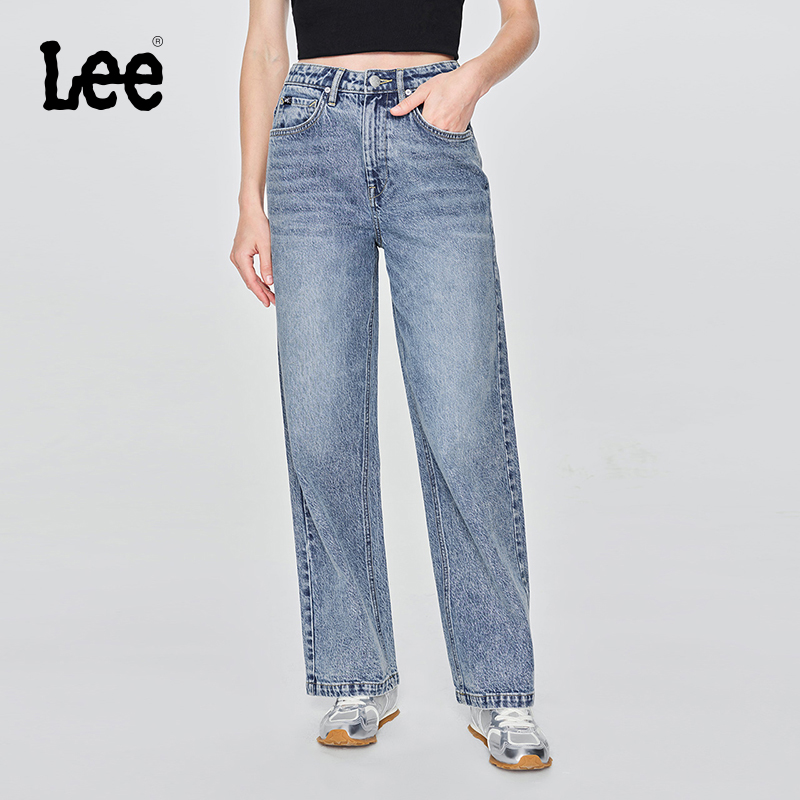 【张凌赫代言】Lee25早秋428懒懒裤舒适高腰直脚浅蓝女牛仔裤