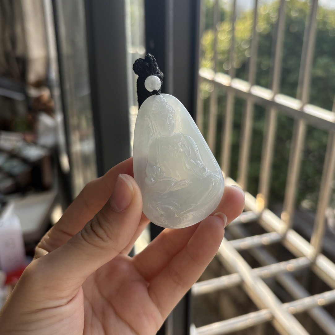 天然A货缅甸翡翠白冰胶素衣观音吊坠56.9*37.9*8.1