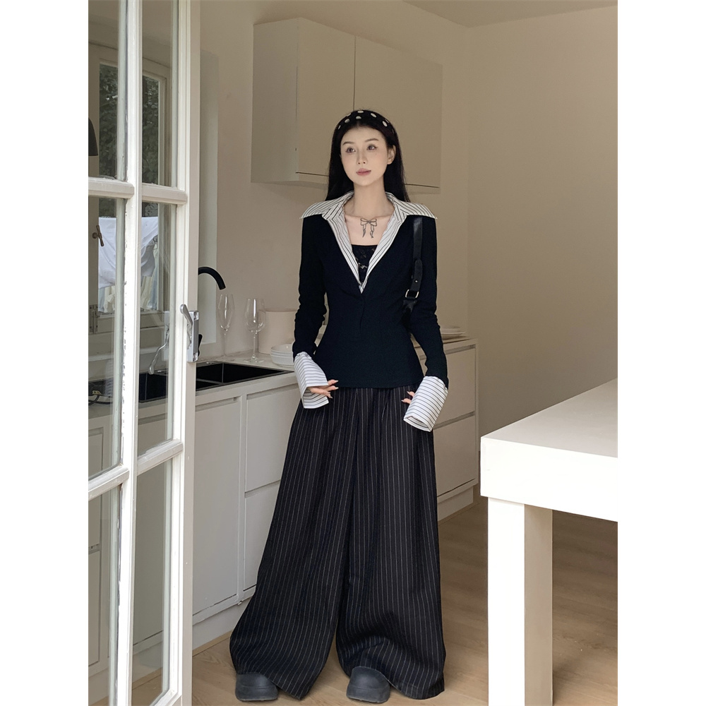 大码胖MM韩系假两件长袖T恤女春秋2025新款修身显瘦时尚别致上衣