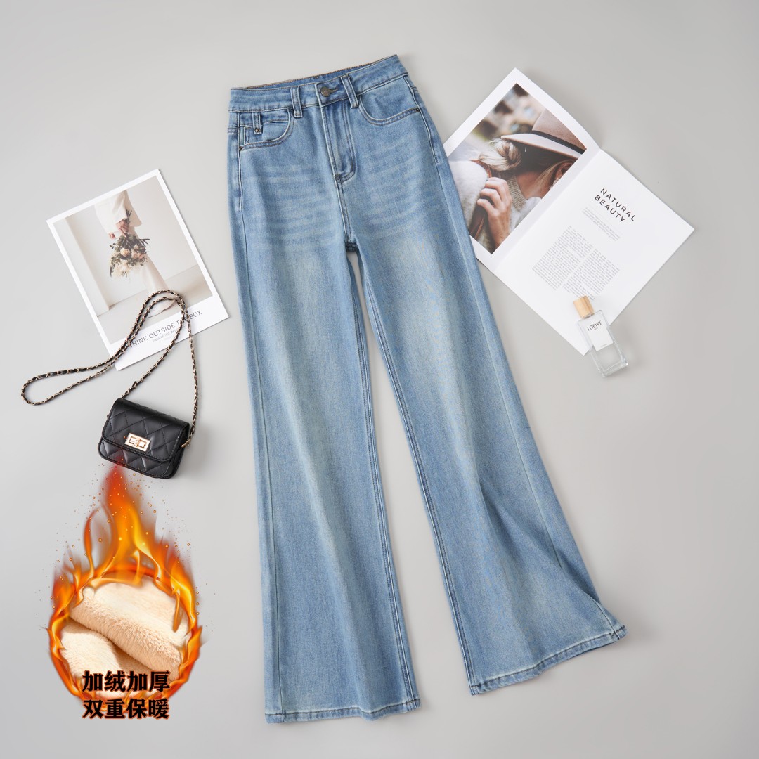 加绒加厚浅蓝色高腰不贴腿微喇牛仔裤女秋冬高腰弹力显瘦筒喇裤