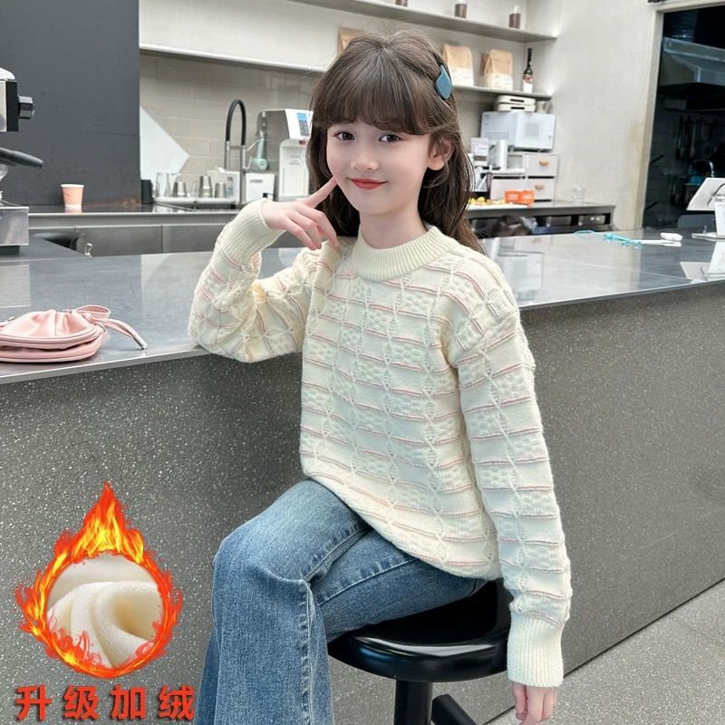 女童毛衣秋冬2024新款套头半高领加绒加厚儿童冬季针织打底衫上衣