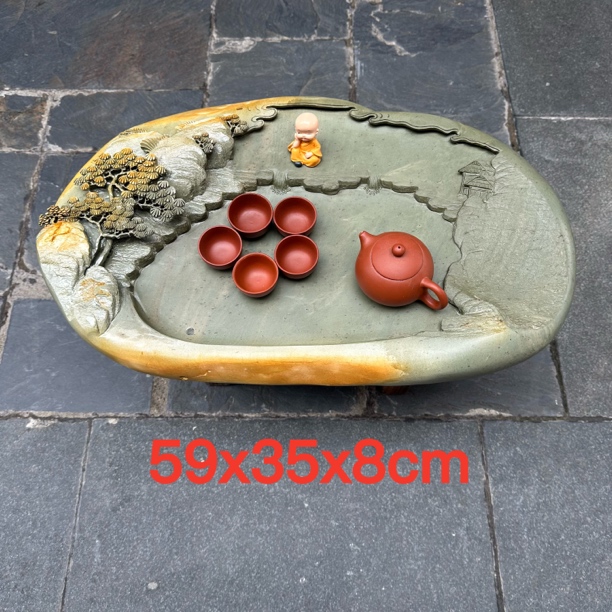 端砚茶盘中式复古整石手工雕刻家用客厅茶台茶海山水