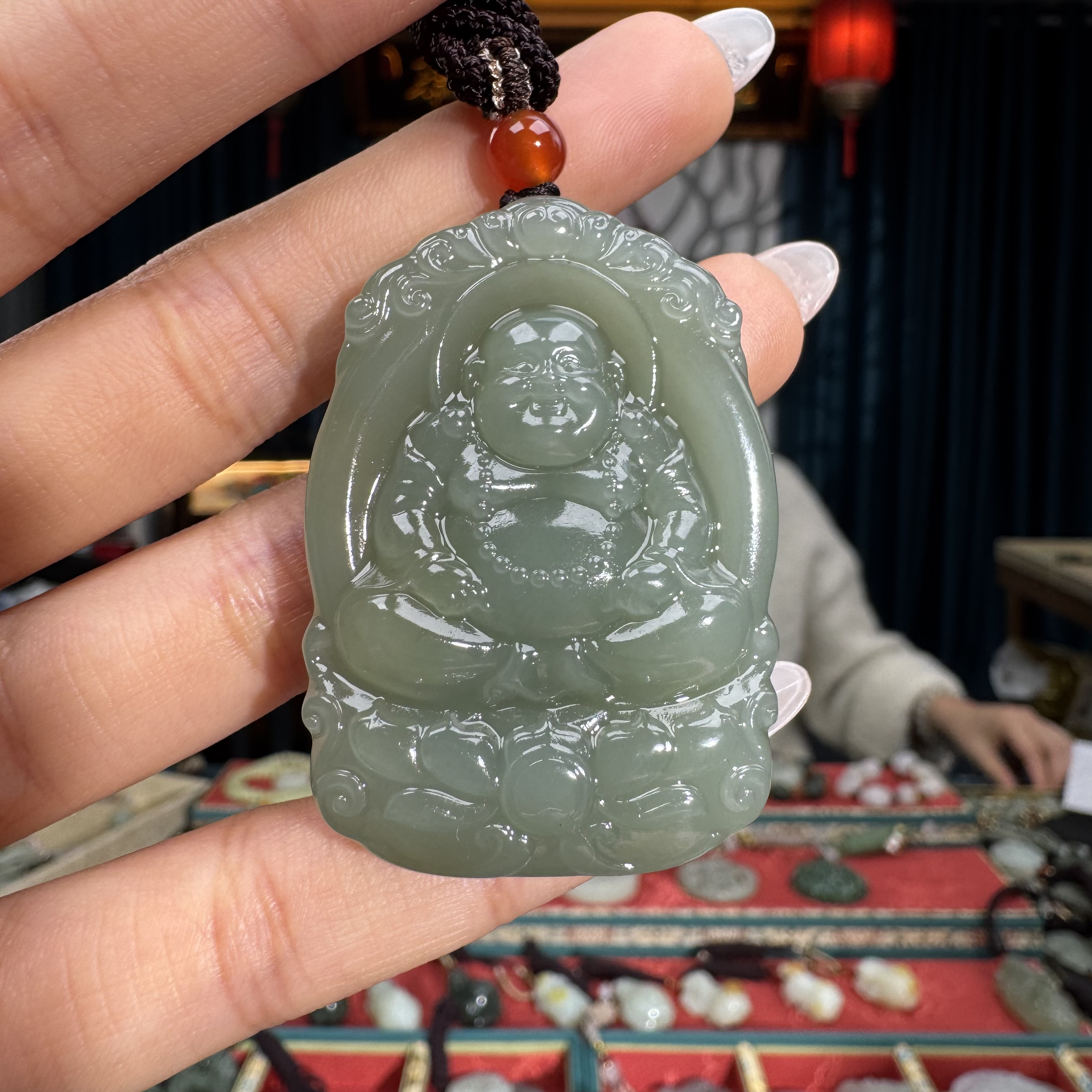 和田玉挂件双面莲花佛牌（33×47×11）