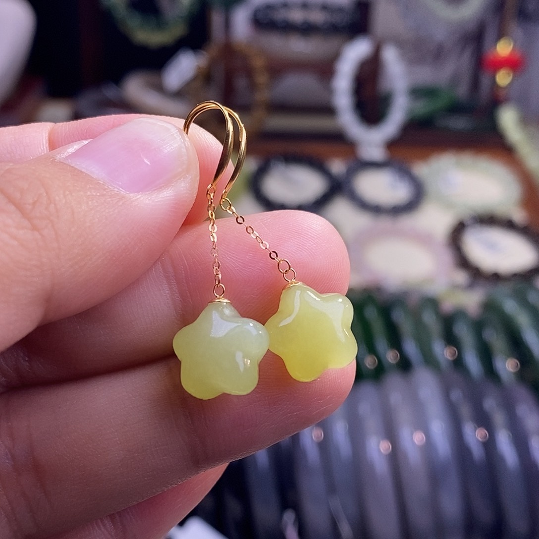 颈饰未镶嵌和田玉新疆若羌黄口金镶星星耳环