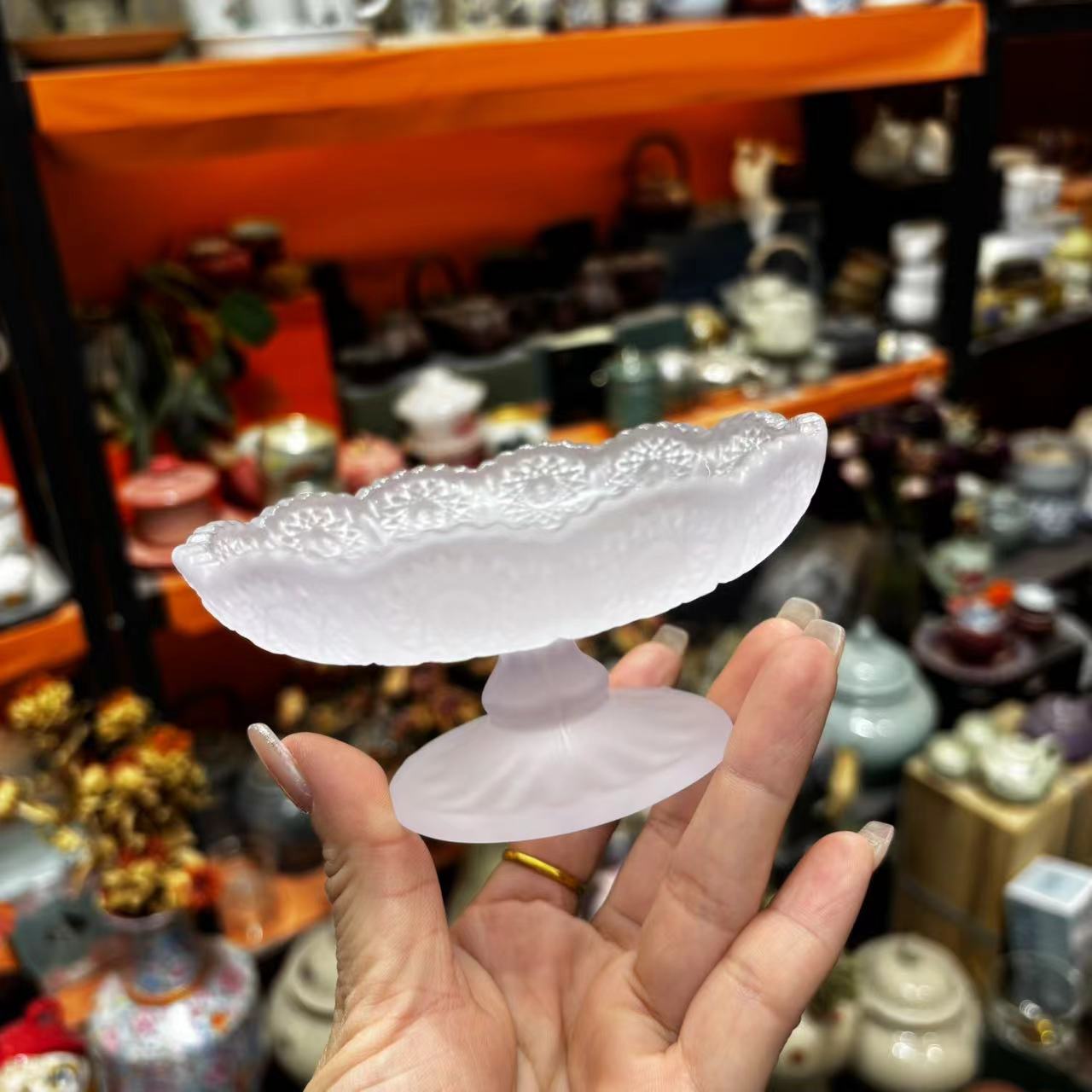 友名 玻璃高脚海棠纹紫色果盘-6118（直播专享）