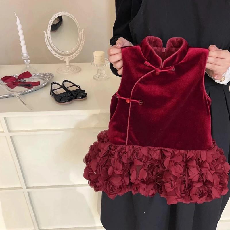 范哲萨春秋女童加绒加厚唐装连衣裙新中式网纱旗袍裙儿童新年拜年