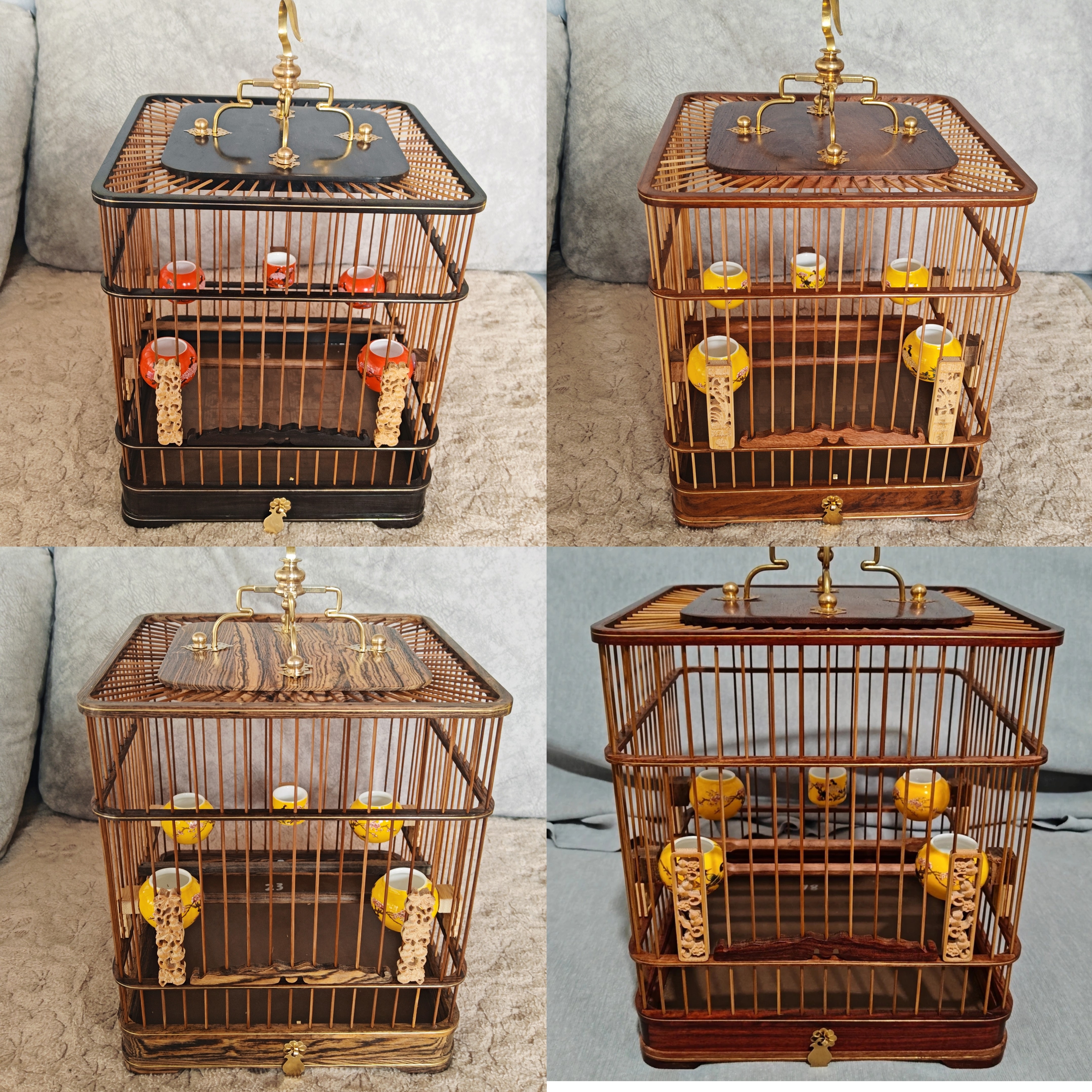 红木款宽23高26红子贝子绣眼黄鸟玉鸟方笼全套包邮