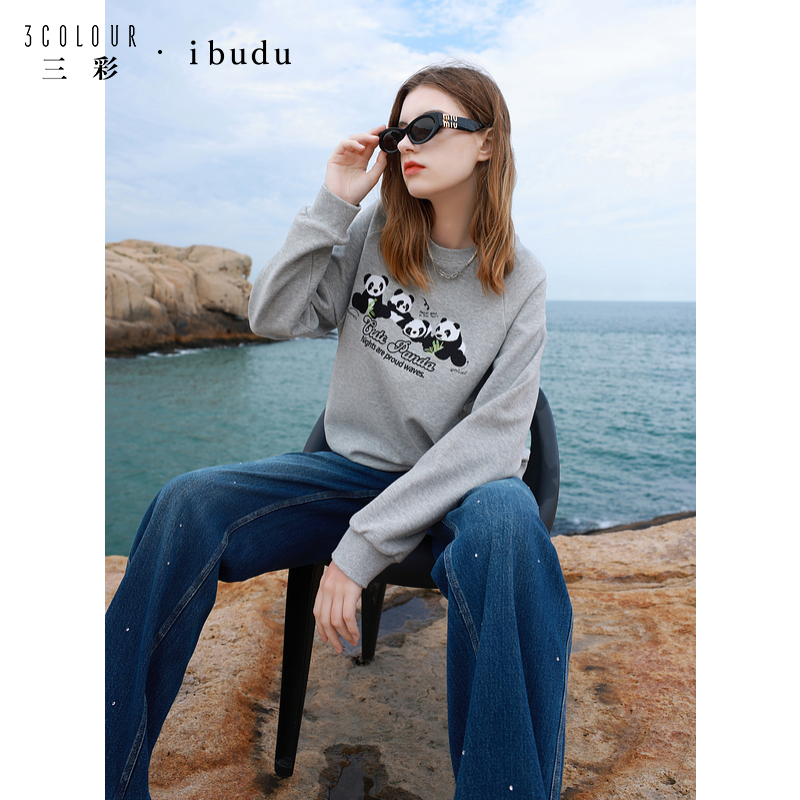【达人专属】三彩ibudu2024秋季新款宽松休闲插肩袖卫衣熊猫绣dbq