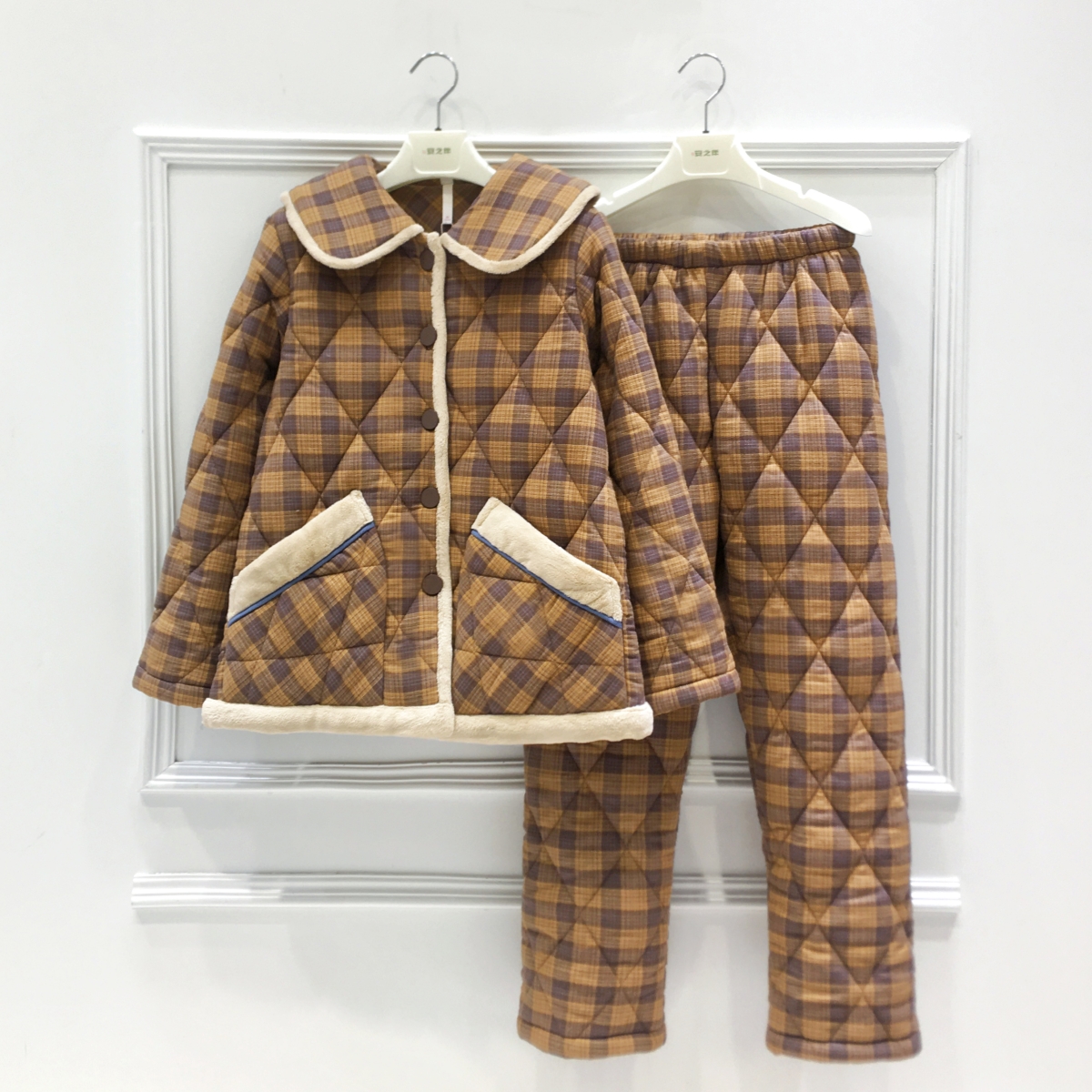 妮可雅冬季睡衣女2025新款复古风加绒加厚纯棉磨毛格子夹棉家居服