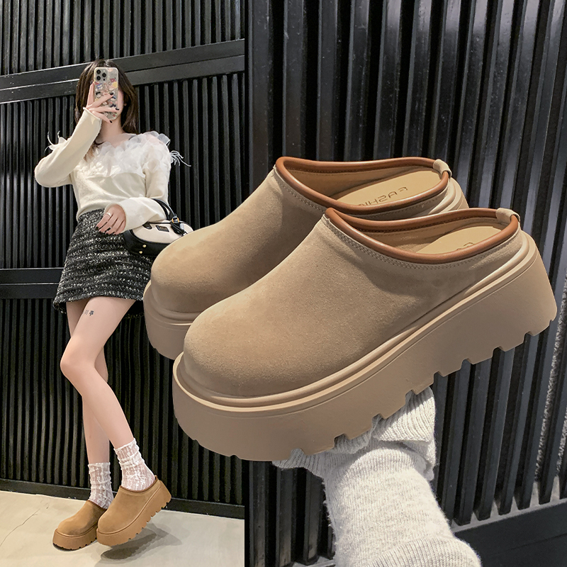 芒果头翻毛皮大头面包鞋一脚蹬半拖鞋鞋托小个子松糕厚底超高跟女