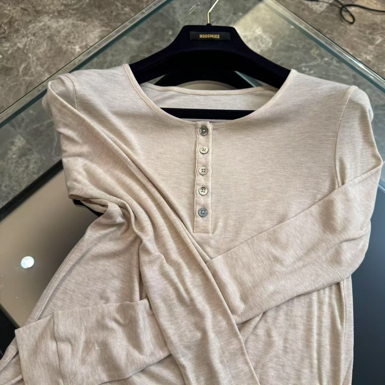 Hooomiee天丝羊毛简约风羊毛衫纯色半扣女士T恤长袖打底2024019