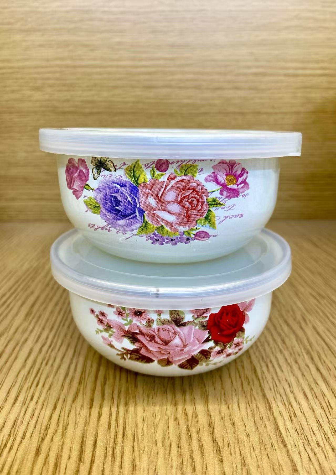 【发2个】10厘米珐琅搪瓷带盖保鲜小碗（花色随机）