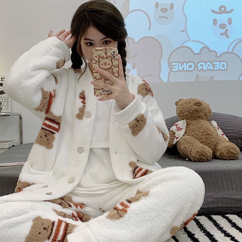 专柜清仓珊瑚绒女士时尚V领秋冬季睡衣家居服可外穿套装QQ32567