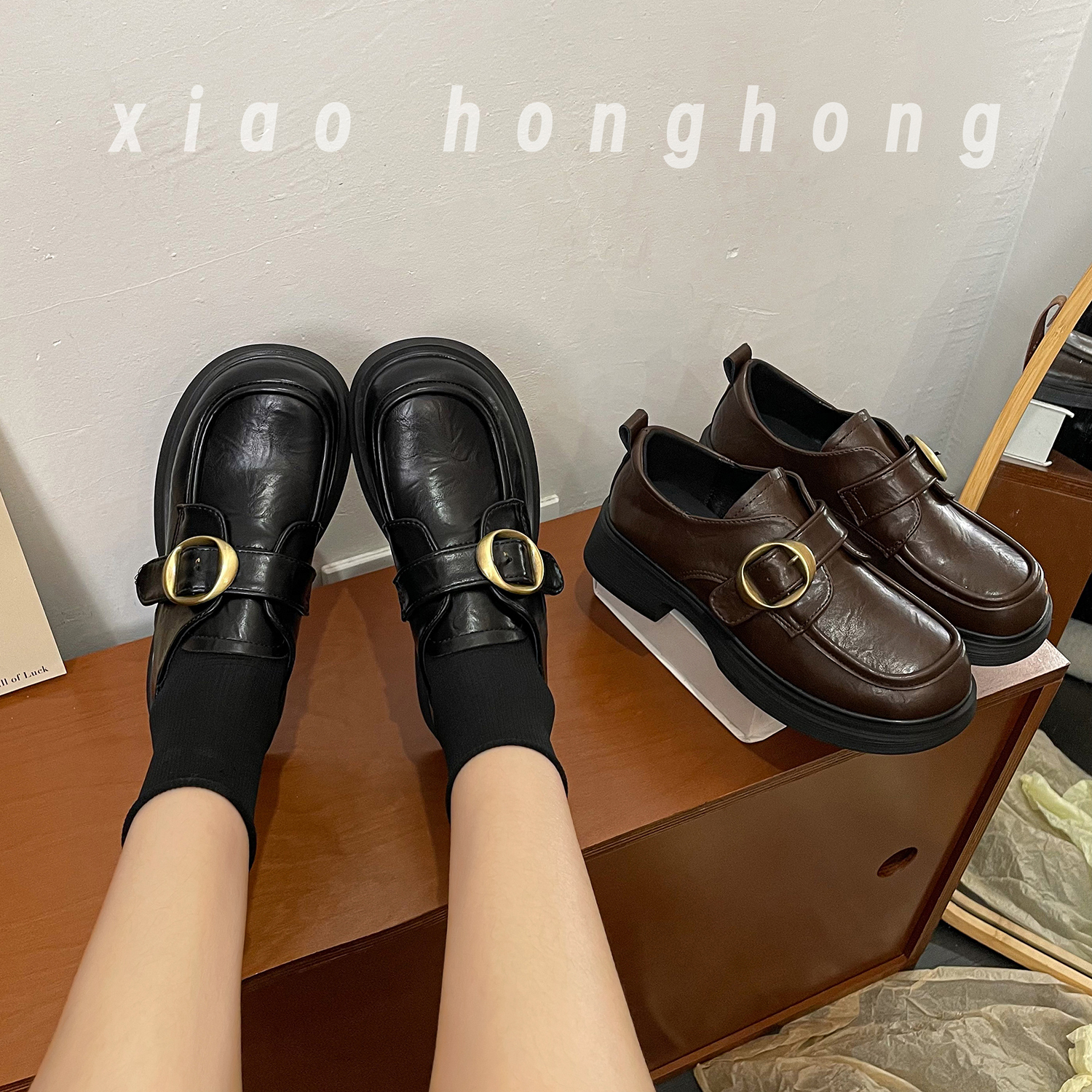 【小红红】厚底英伦风乐福鞋女2025新款秋季百搭黑色一脚蹬小皮鞋