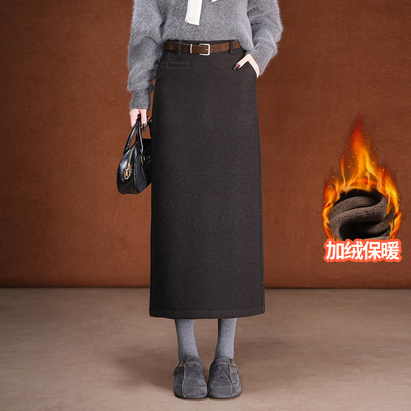 羊毛呢直筒半身裙女秋冬2025新款中长款简约修身开叉包臀一步裙