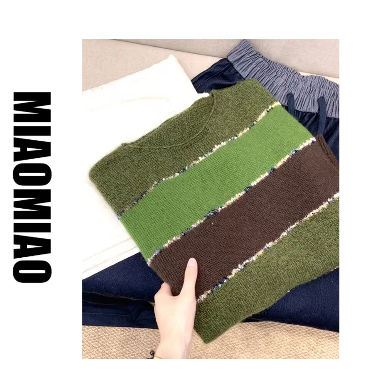 【工厂清仓】【挪威的森林】圆领套头拼色宽松长袖针织衫毛衣 2291