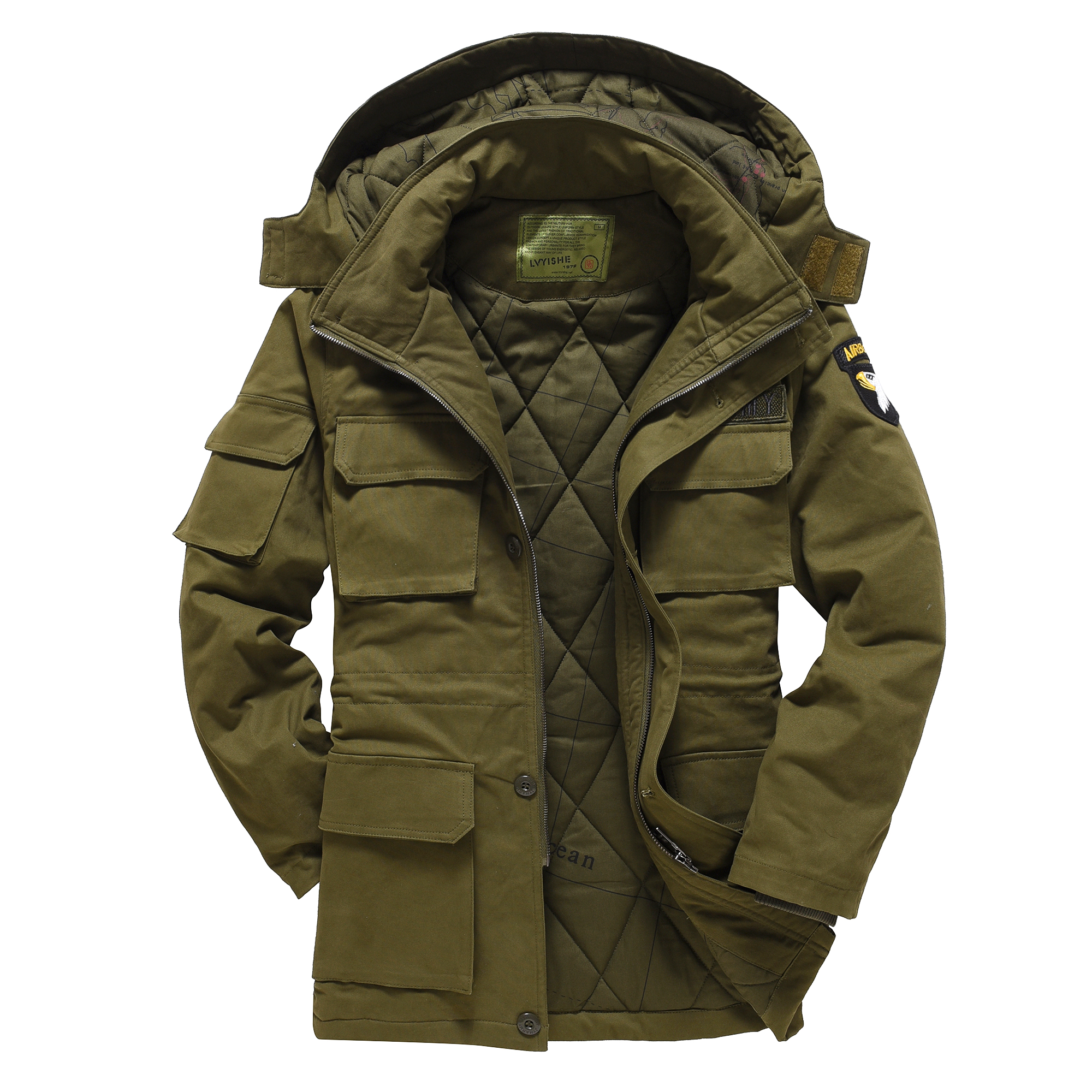 男士户外中长款迷彩耐磨多口袋可拆卸帽保暖棉风衣加厚防寒外套