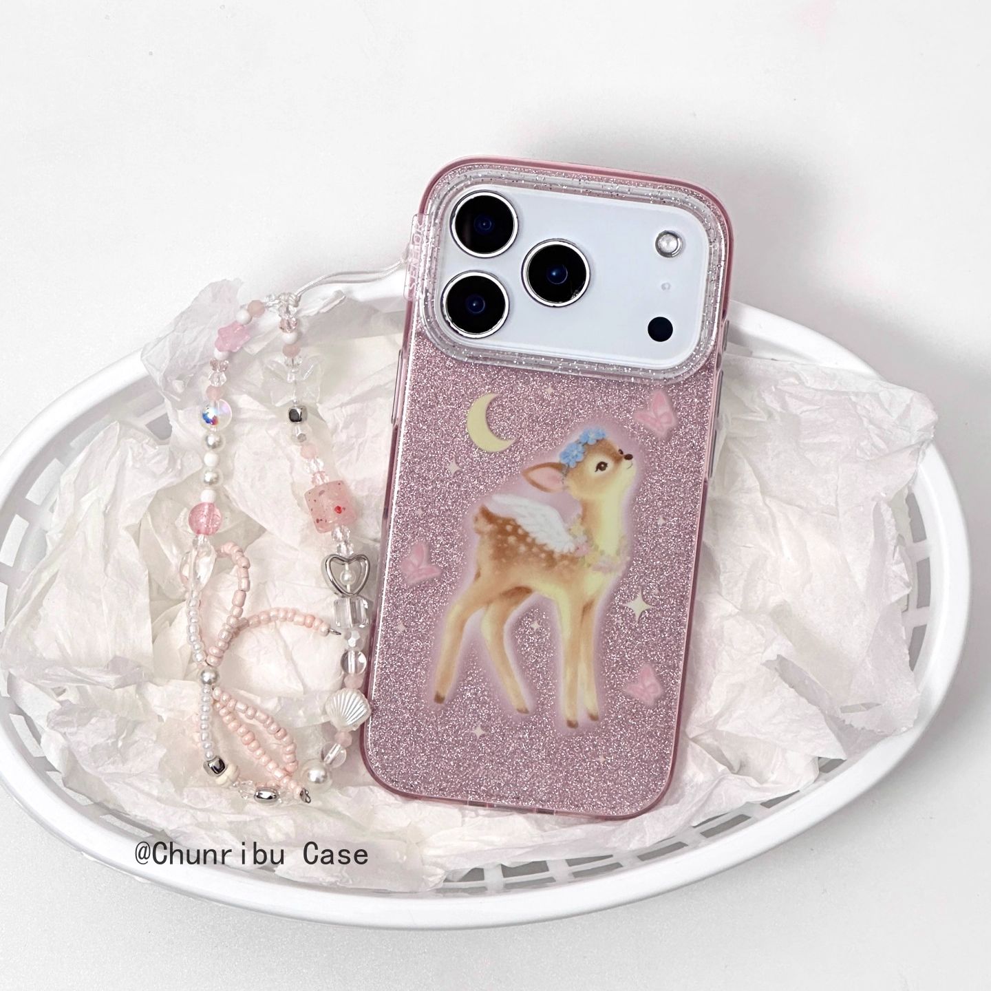 卡通古早粉闪粉月亮蝴蝶小鹿适用苹果17/16promax挂绳手机壳15/14