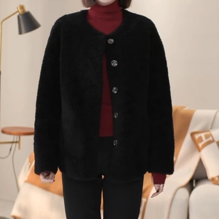 圆领100羊毛一体外套女软糯保暖颗粒羊羔毛皮草短款2024冬季新款