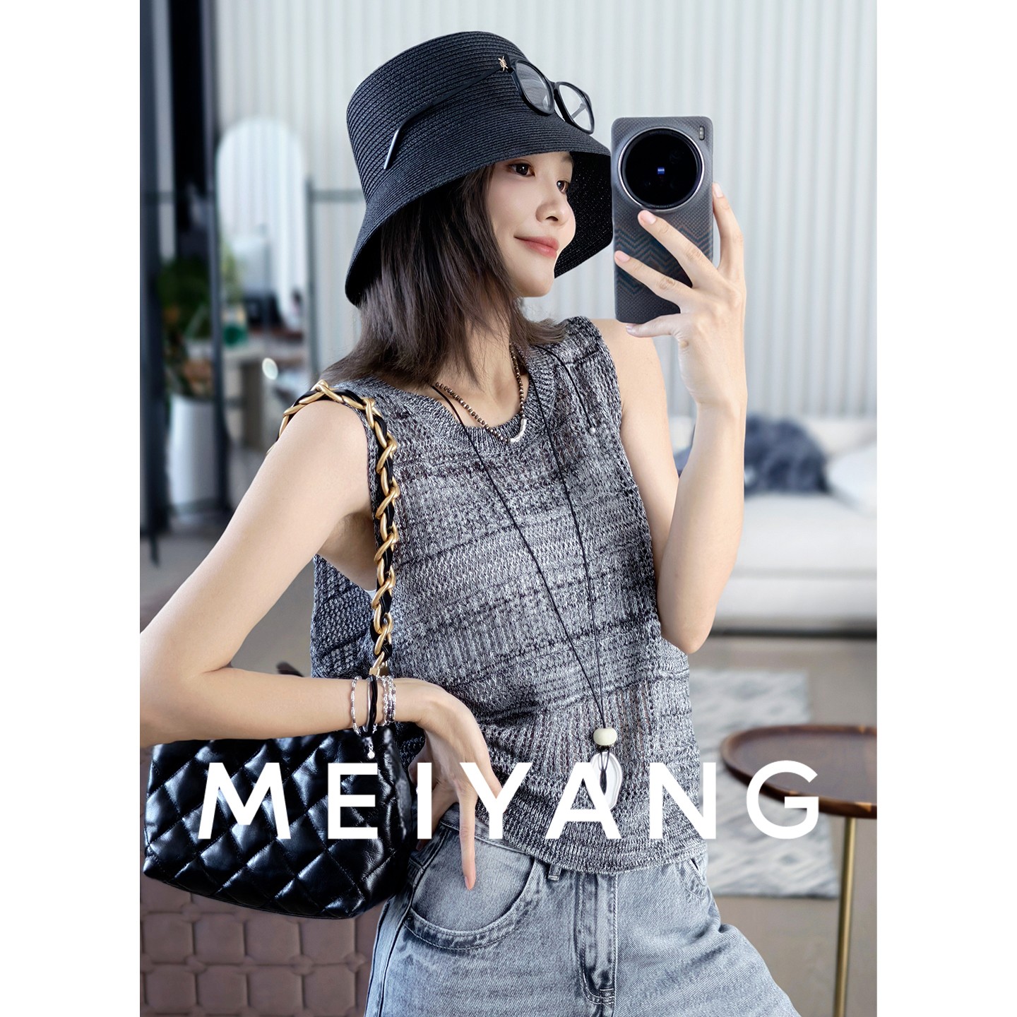 美洋MEIYANG 像素针织马甲 新疆棉苎麻_撞色钩花圆领无袖