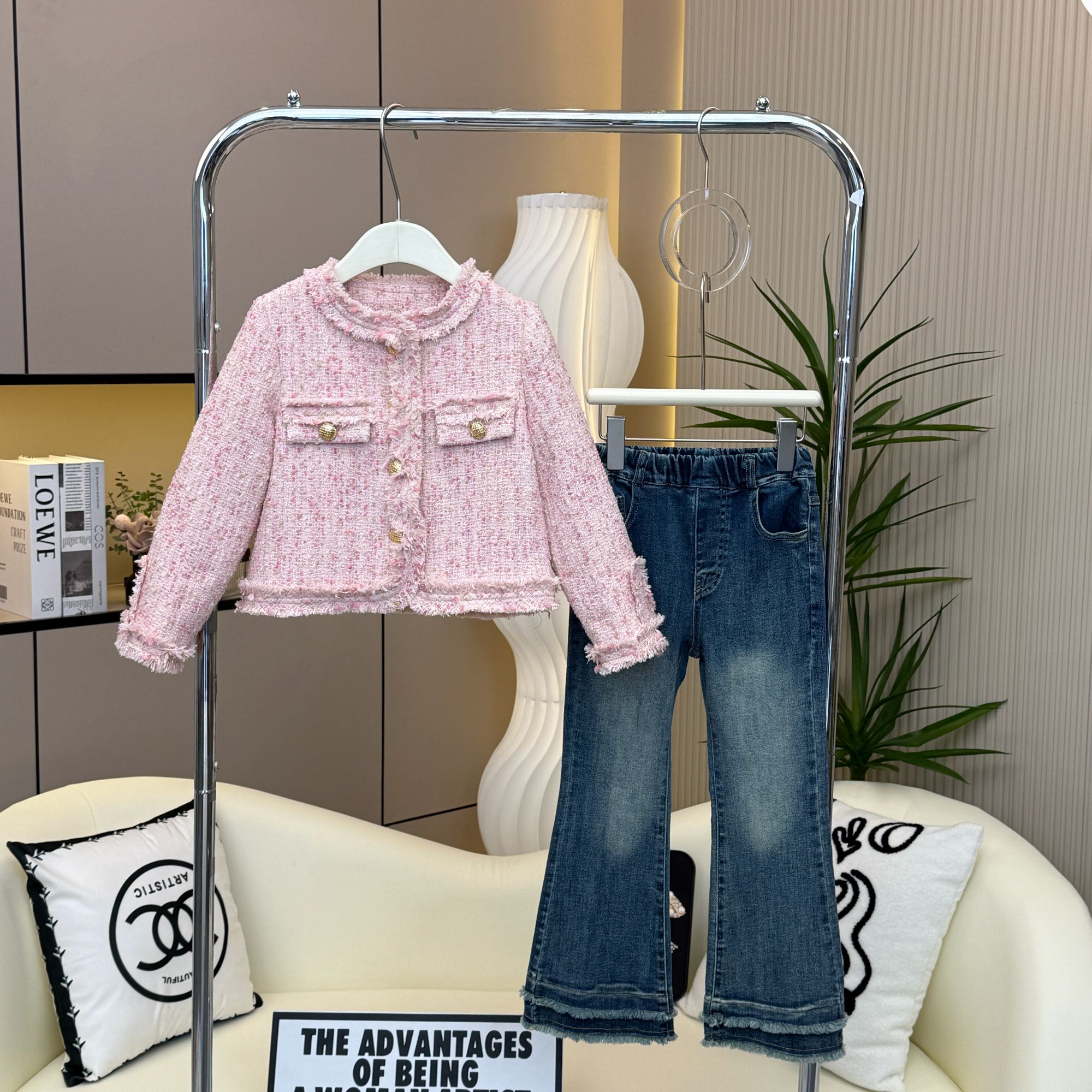 【糖宝魔豆】女童秋装小香风外套新款时髦女孩秋季上衣+牛仔裤套装