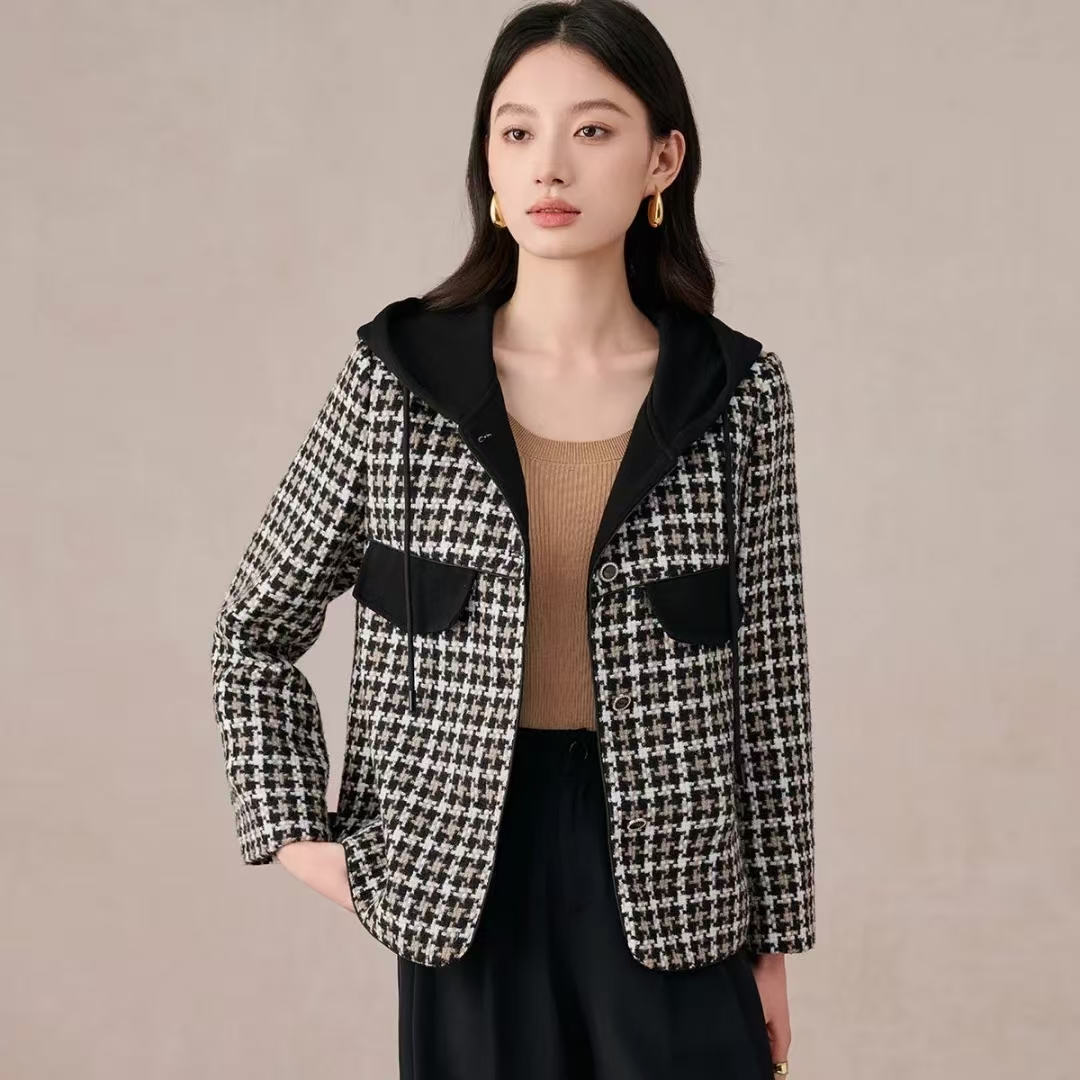 W 3203款潮流网红保暖时尚短款韩版休闲格子气质秋冬外套小香风