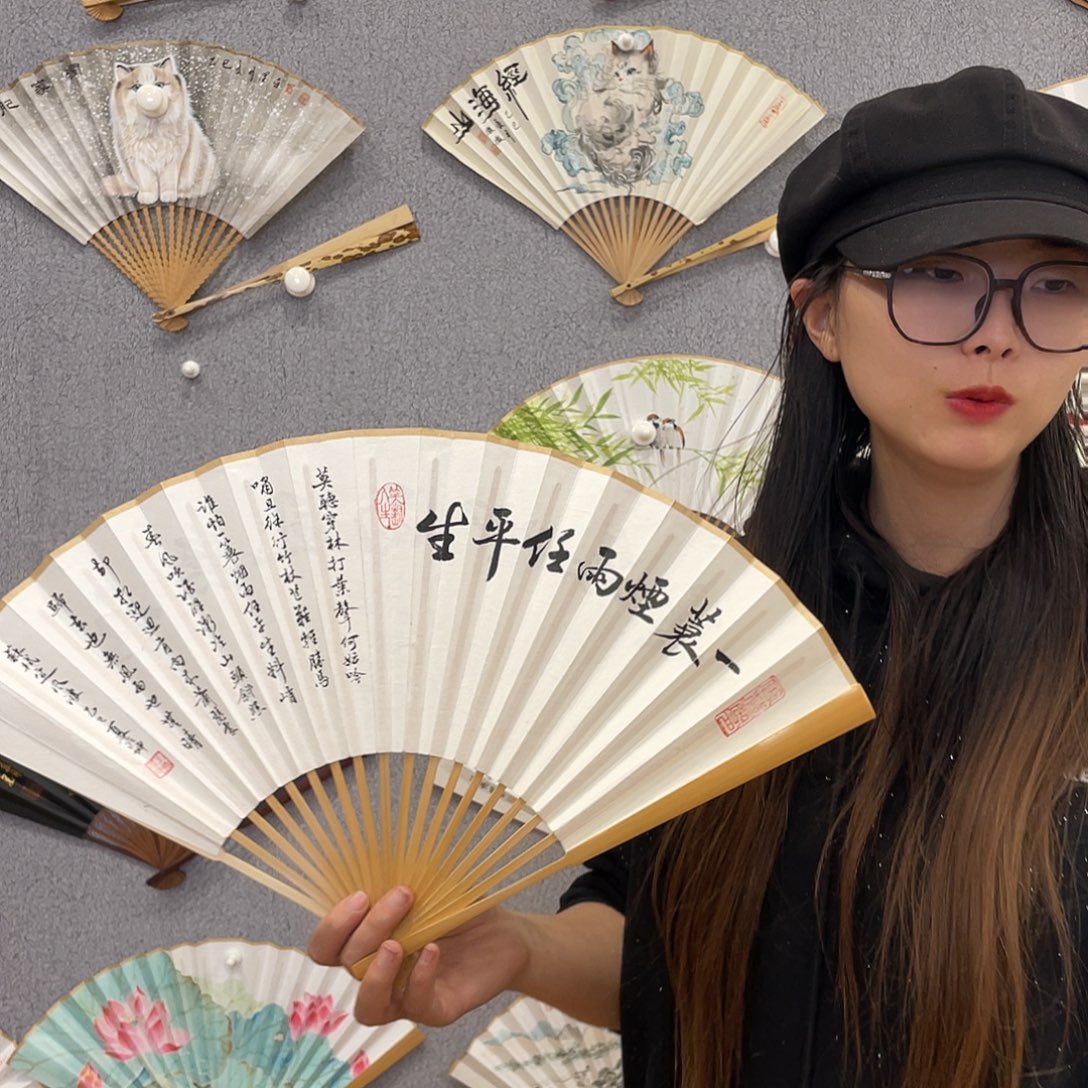 书法95寸玉竹-纯手绘-文玩扇骨（默认粘好）