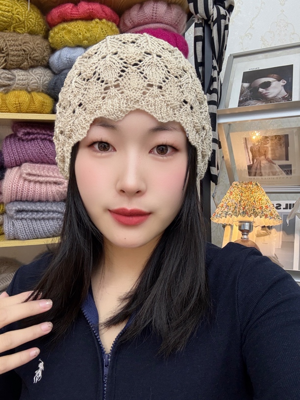 金枝玉叶波浪花边款单层薄款镂空钩花针织帽子女包头堆堆帽遮白发