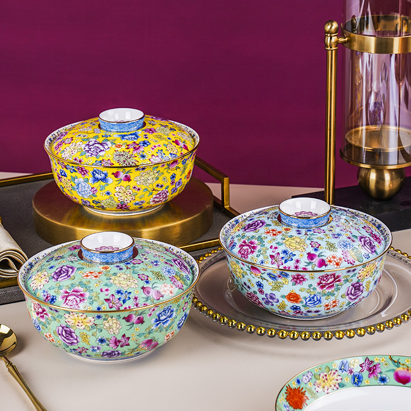 景德镇陶瓷家用中式描金菜盘合和器珐琅彩骨瓷带盖盘子菜碗汤碗