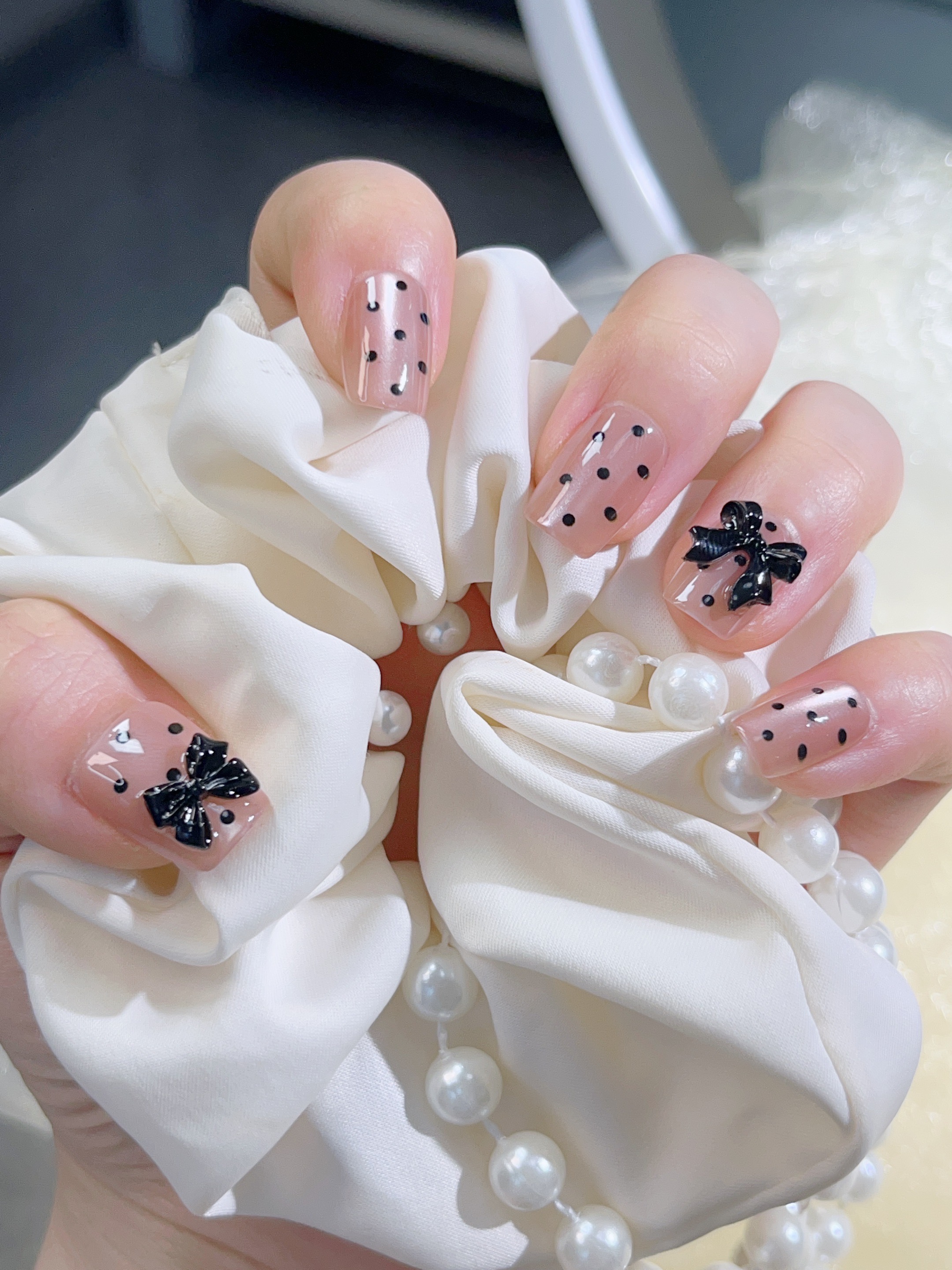 网红短款气质纯欲手工穿戴甲纯欲腮红波点蝴蝶结法式猫眼美甲贴片