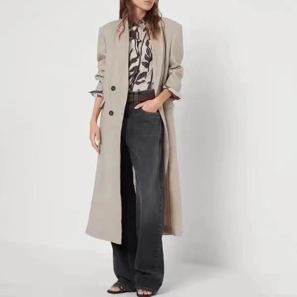 宝丫轻奢 女式纯色百搭开叉西装领长款风衣B9432