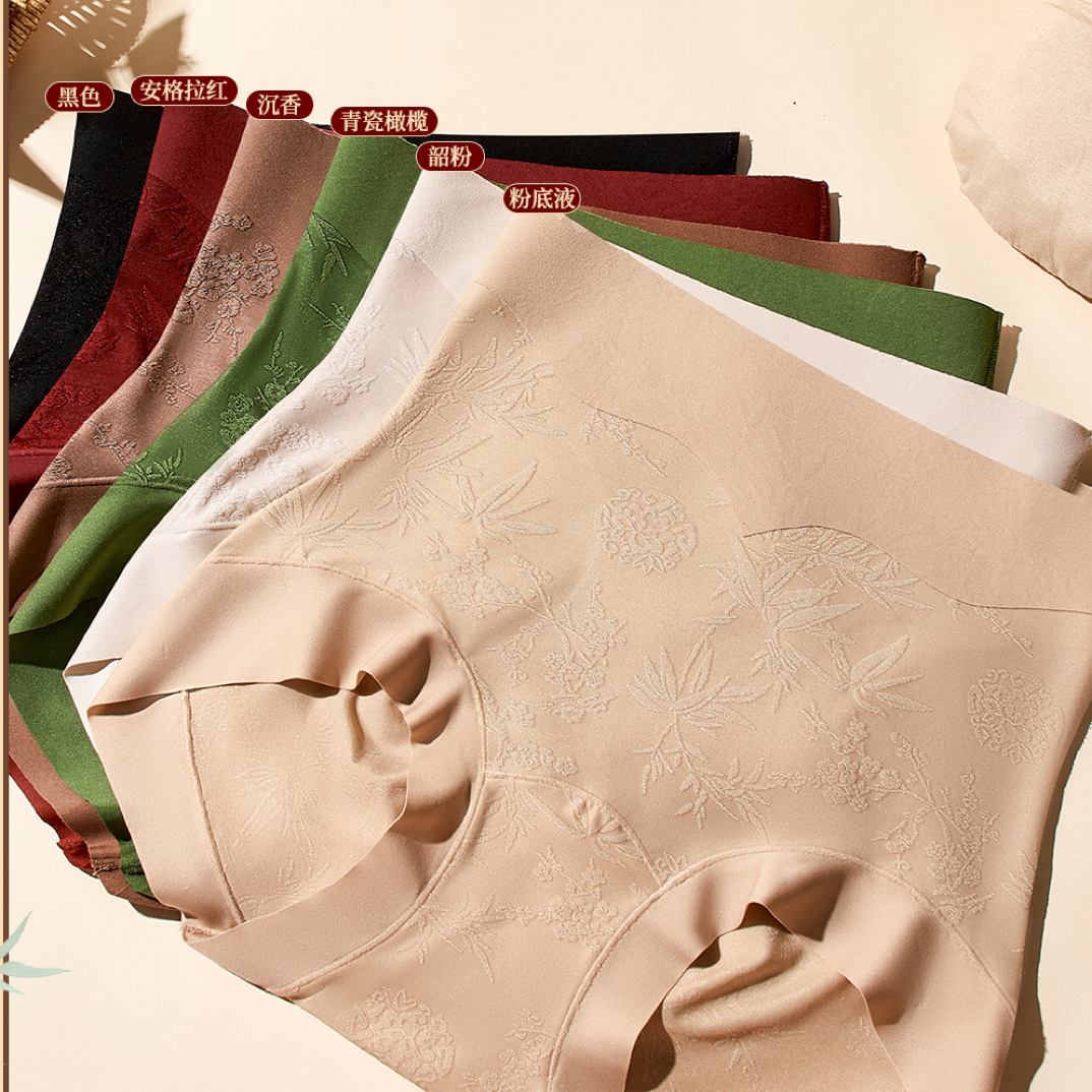 国风浮雕刺绣提花高腰收腹提臀透气女士内裤