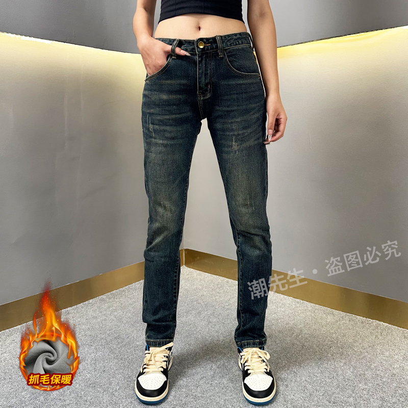 秋冬新款高端欧货潮牌男士牛仔裤修身加绒保暖弹力小脚裤百搭长裤