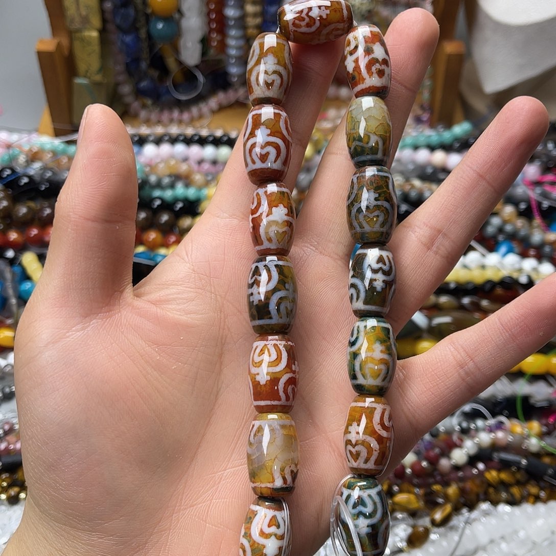 玛瑙/玉髓未镶嵌珠宝半成品13×22手绘玛瑙天珠15颗