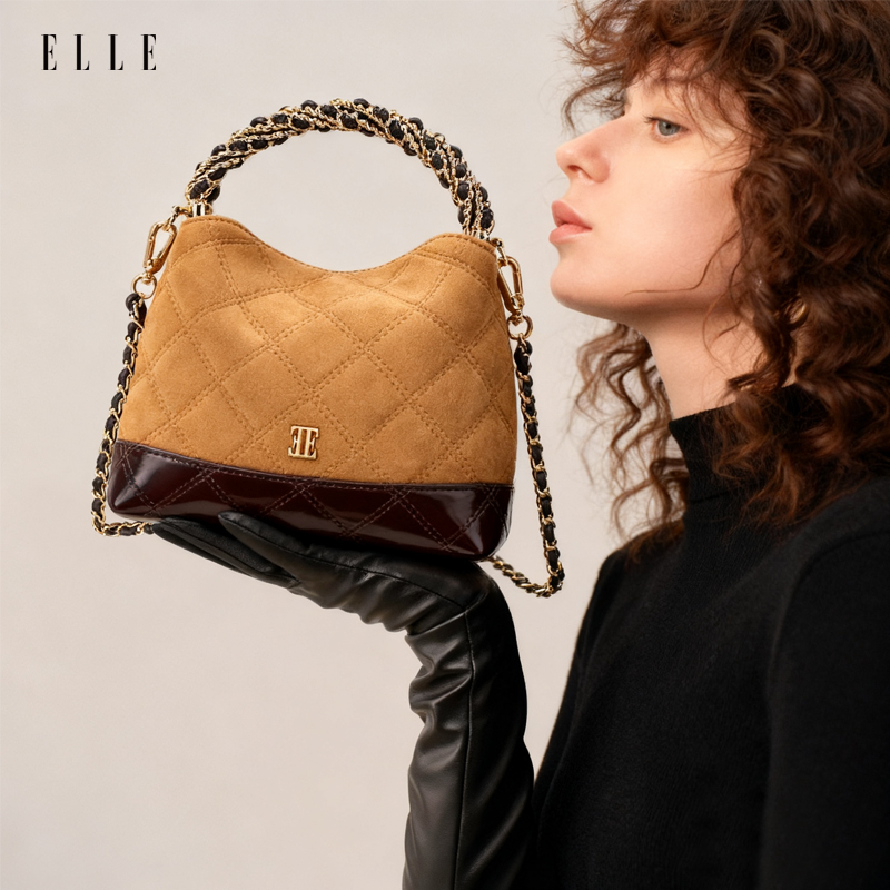 ELLE2025新款【琥珀流光】菱格经典手拎贝壳珐琅手柄轻奢斜挎女包