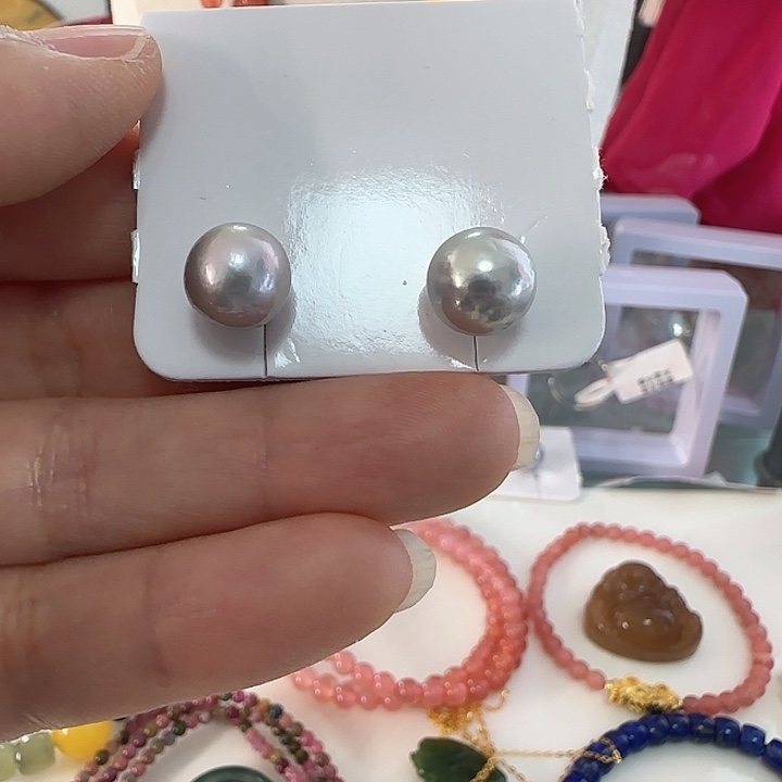 淡水珍珠未镶嵌耳饰9-10奶奶灰极光有纹