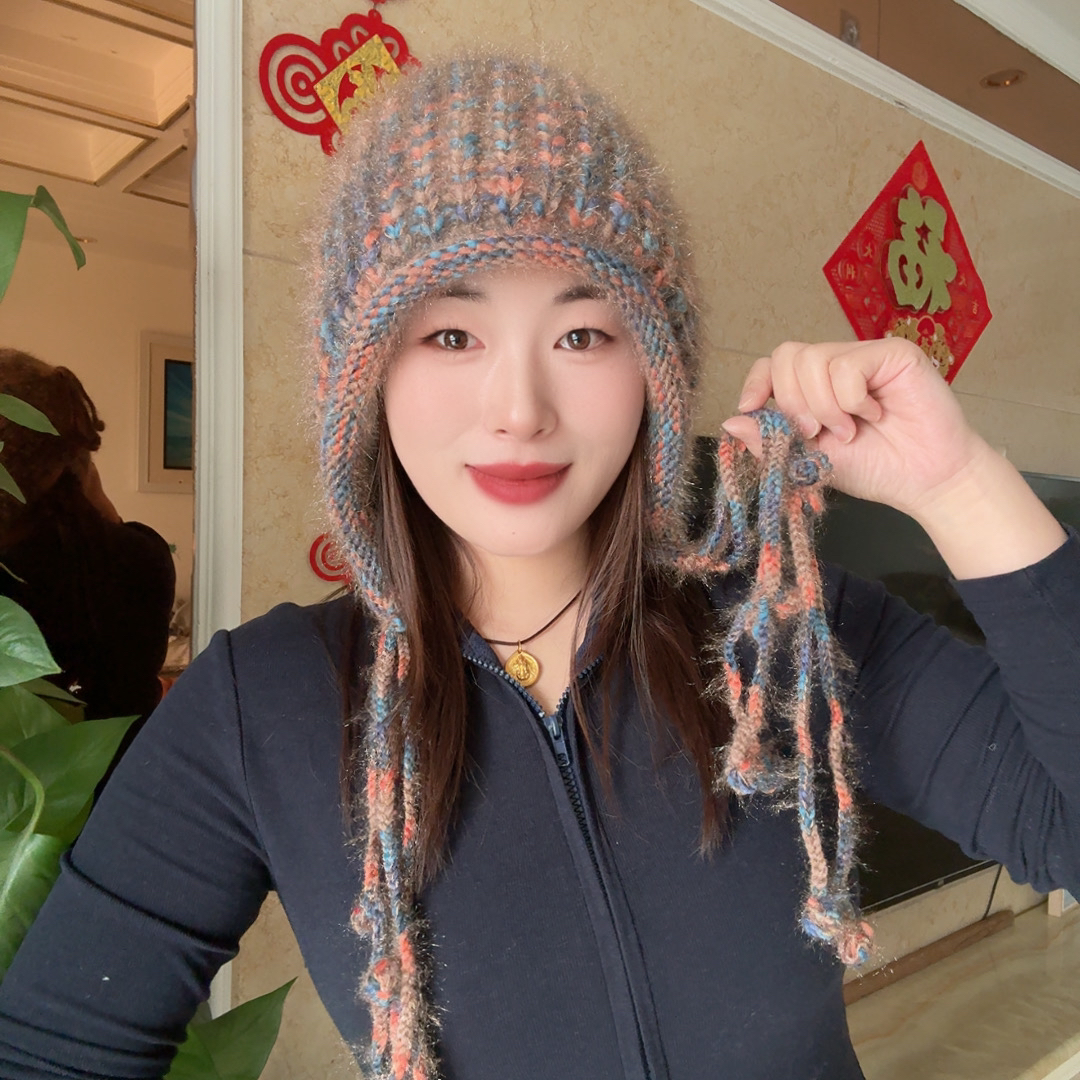 新款七彩流苏铃铛帽女冬季加厚针织毛线帽卷边针织帽子护耳包头帽
