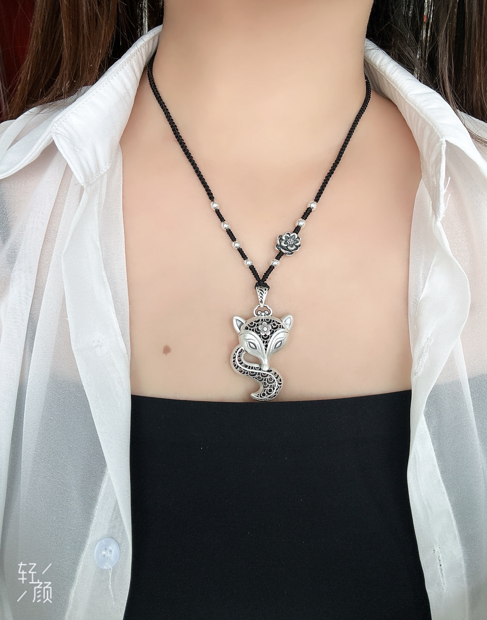 吊坠足银 足银999时尚复古做旧手工编绳招米花丝小狐仙吊坠项链