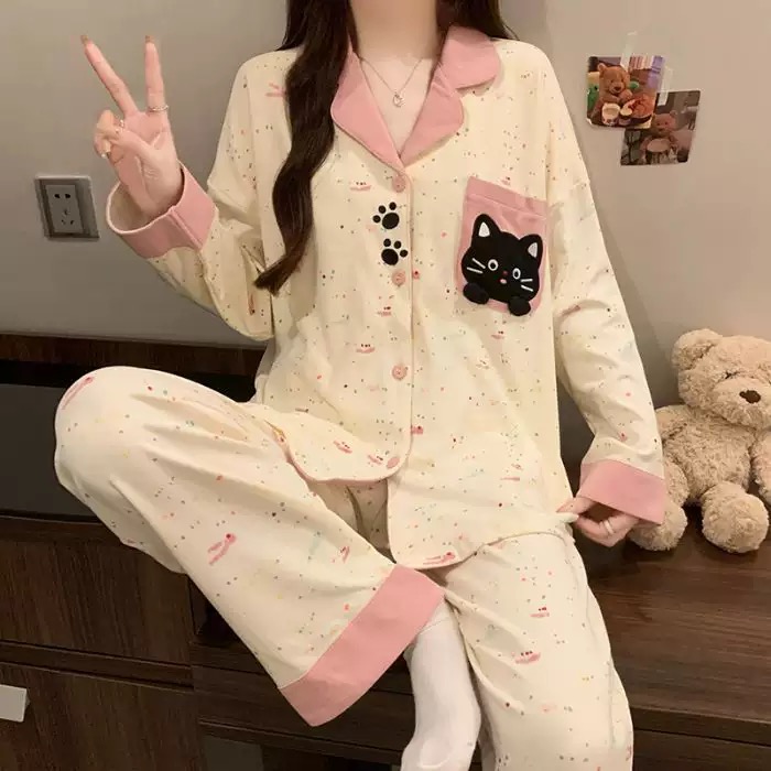 秋季新款翻领带胸垫睡衣女开衫卡通长袖可爱风家居服