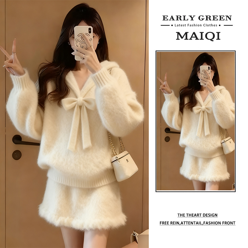 韩系温柔风毛衣套装2025冬季甜美风蝴蝶结显瘦针织上衣短裙两件套
