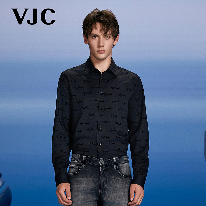 VJC/威杰思2025秋季新款男装绅士正肩植绒印花长袖衬衫B24DB2103