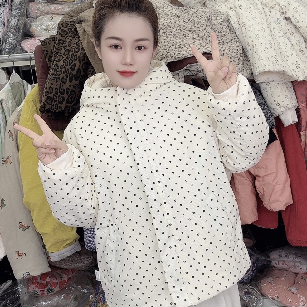 韩系碎花短款连帽拉链款棉花加厚女士冬季保暖棉服