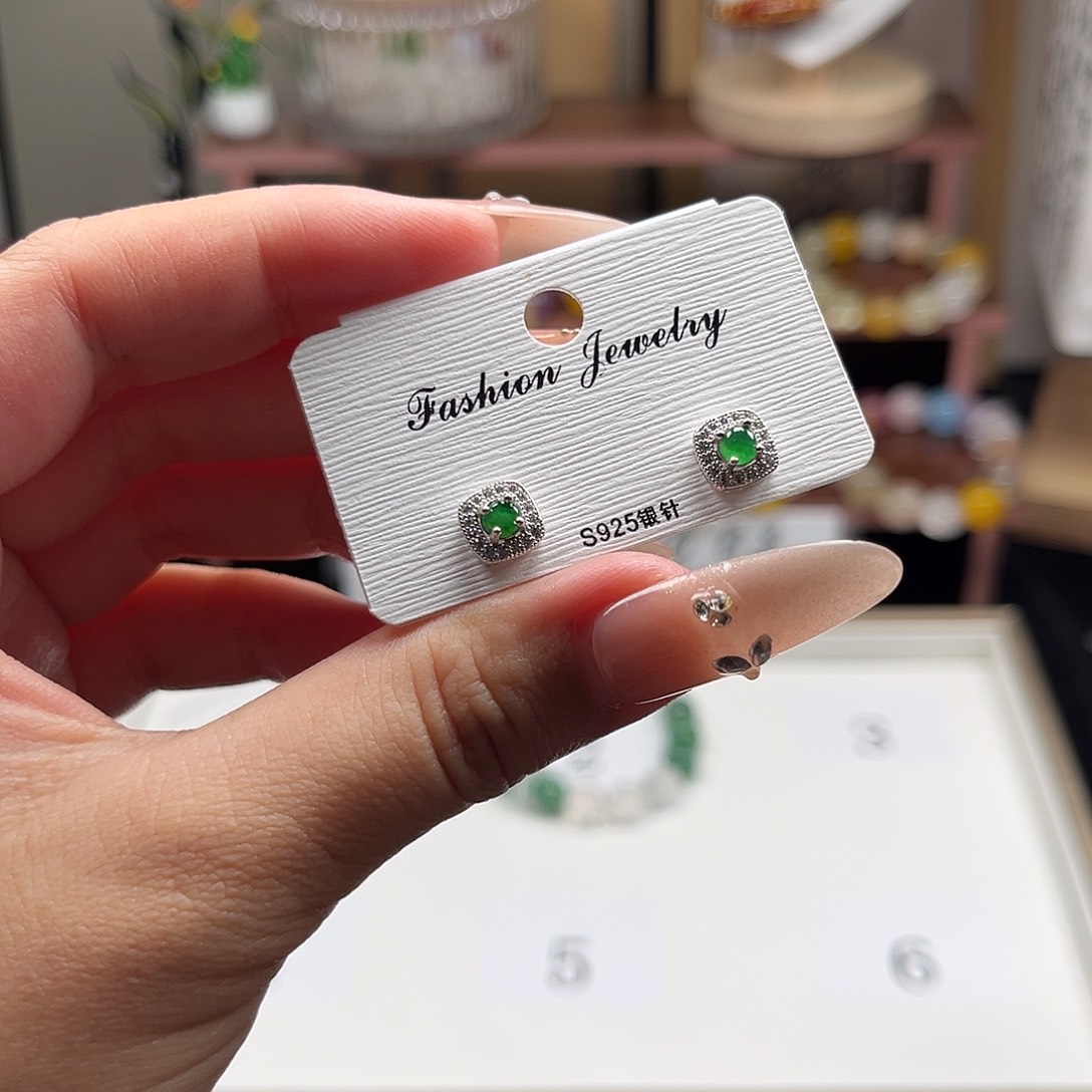 翡翠银S925镶嵌耳饰耳钉