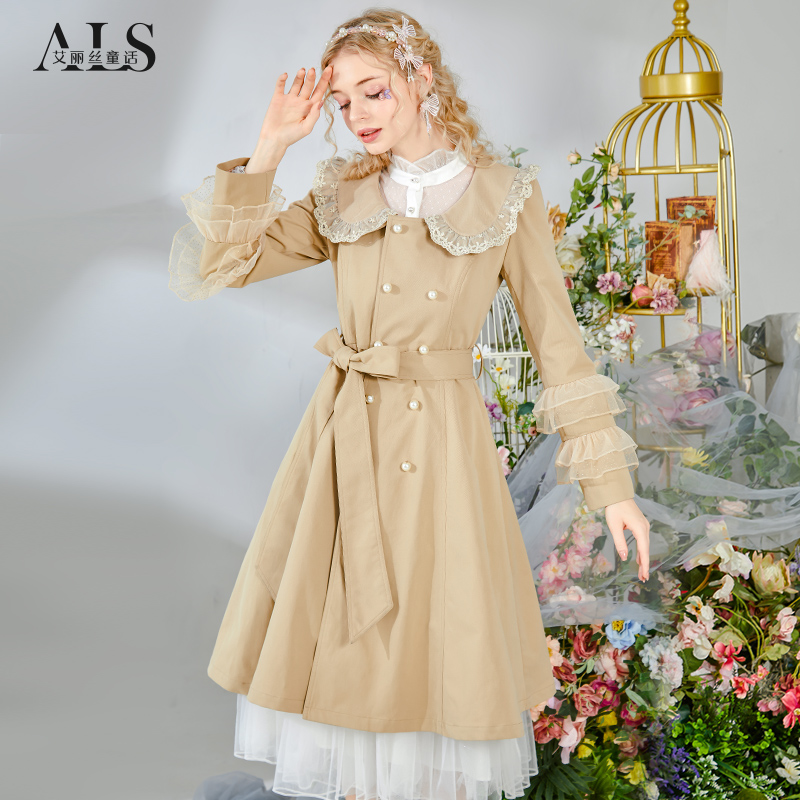 艾丽丝秋冬新款卡其色娃娃领双排扣中长款风衣外套女HF008DH