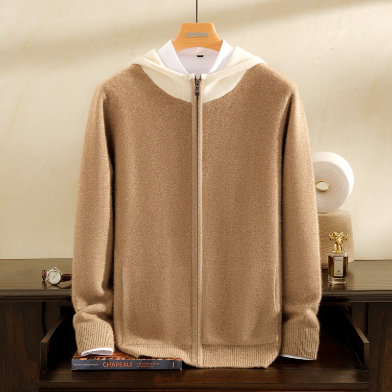 秋冬男士新款纯山羊绒加厚撞色连帽针织开衫外套百搭休闲